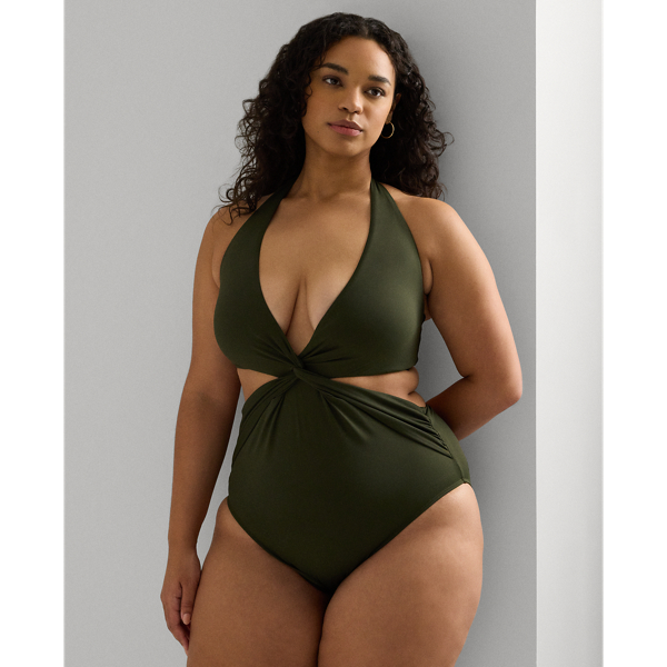 Olive Twist-Front Cutout Halter One-Piece Lauren Woman 1