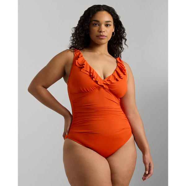 Papaya Ruffle-Trim Surplice One-Piece Lauren Woman 1