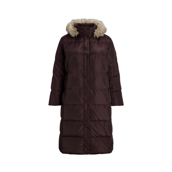 Knee length puffer coat with fur trimmed hood clearance