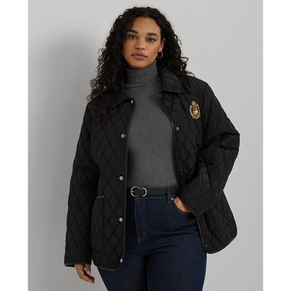 Black Faux-Leather-Trim Crest-Patch Jacket Lauren Woman 1