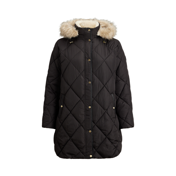 Faux-Fur-Trim Hooded Quilted Coat Lauren Woman 1