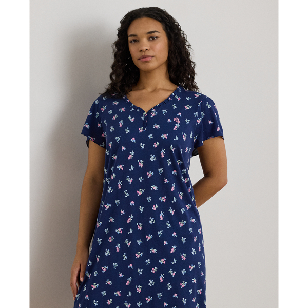 Navy Print Floral Jersey Flutter-Sleeve Nightgown Lauren Woman 3