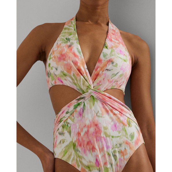 Ba&ntilde;ador con cuello halter, nudo y flores Lauren en Multicolor 4