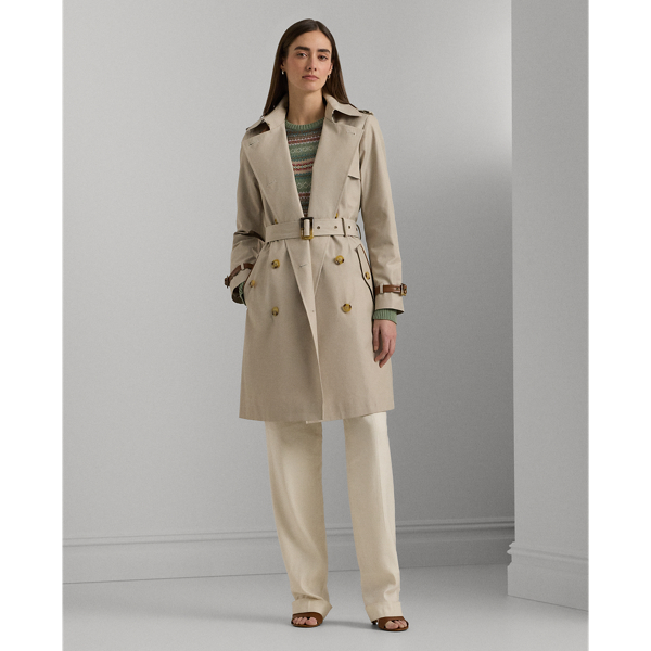 Tone Cream Faux-Leather-Trim Belted Trench Coat Lauren 1