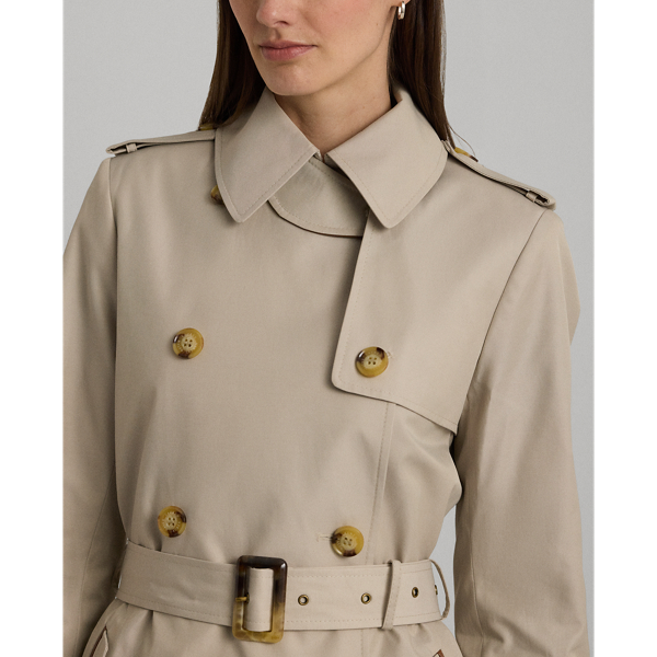 Faux-Leather-Trim Belted Trench Coat