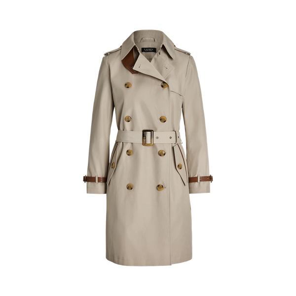 Faux Leather Trim Belted Trench Coat