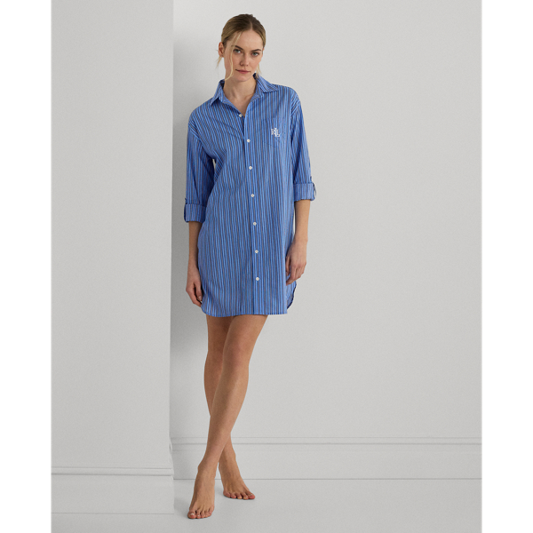 Blue Stripe Striped Lawn Roll-Tab-Sleeve Sleep Shirt Lauren 1