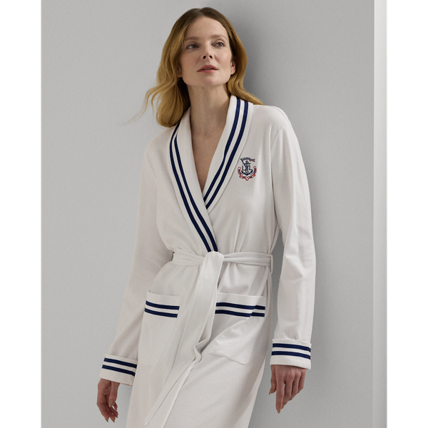 White Cotton Interlock Shawl-Collar Robe Lauren 4