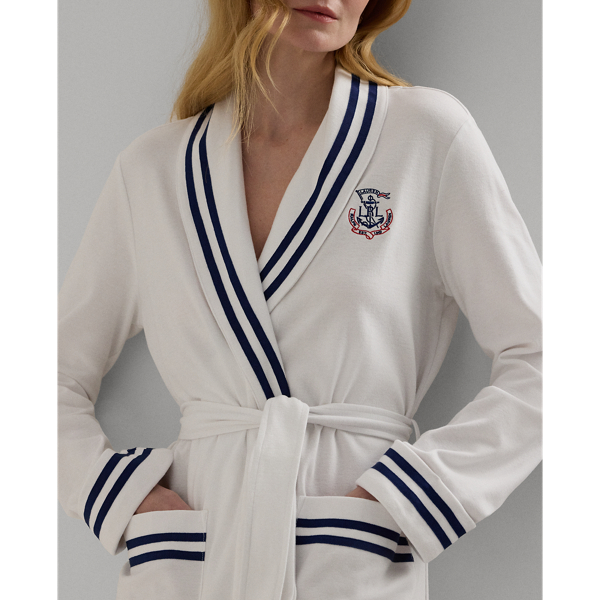 White Cotton Interlock Shawl-Collar Robe Lauren 6