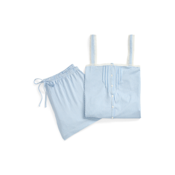 Blue Stripe Striped Lace-Trim Boxer Pajama Set Lauren 2