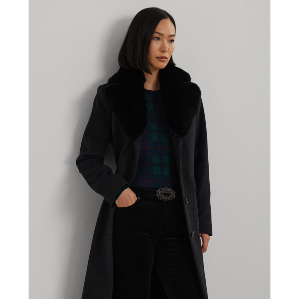 Fur collar wool coat womens hotsell