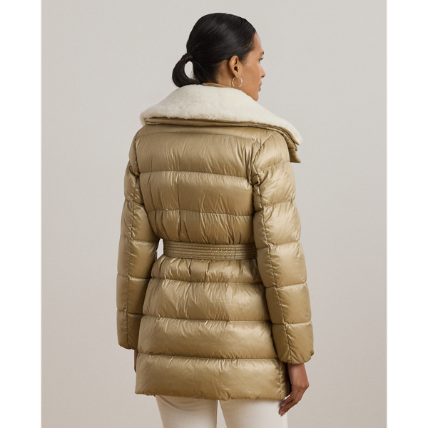 Faux-Shearling-Trim Belted Down Coat