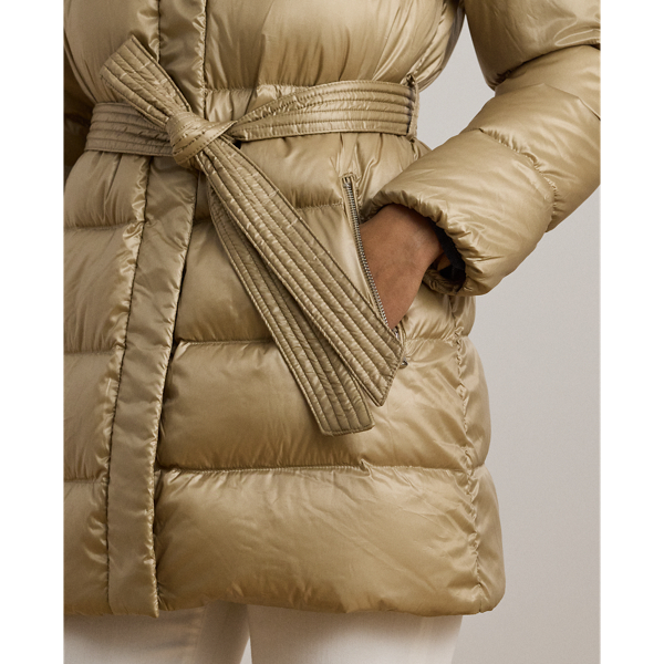 Faux-Shearling-Trim Belted Down Coat