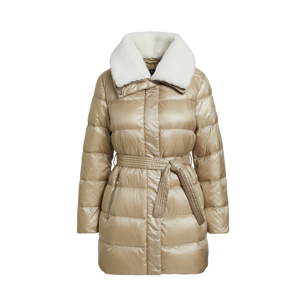 Her lip to　Tweed Belted Down Coat Faux-Shearling-Trim Belted Down Coat
