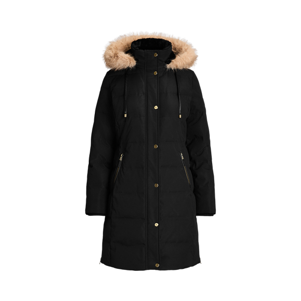 Black Faux-Fur-Trim Hooded Down Coat Lauren 2