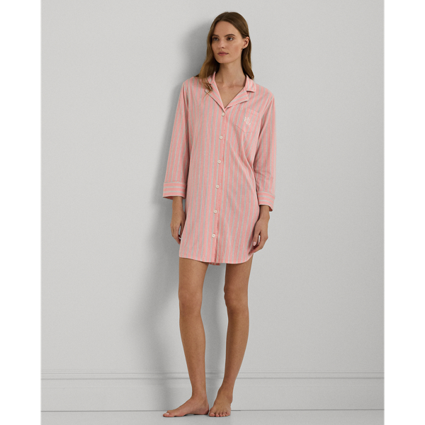 Peach Stripe Striped Cotton-Blend-Jersey Sleep Shirt Lauren 1