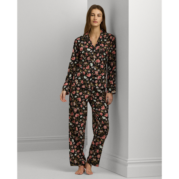 Black Ground Floral Floral Cotton-Blend-Lawn Sleep Set Lauren 1