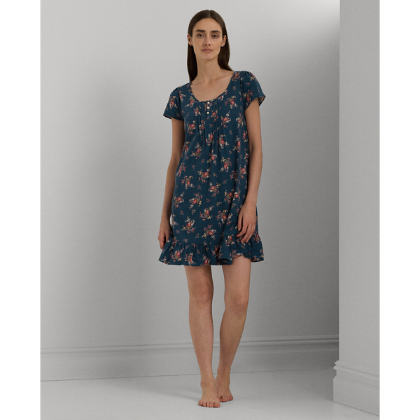 Navy Print Floral Cotton-Blend Jersey Nightgown Lauren 1