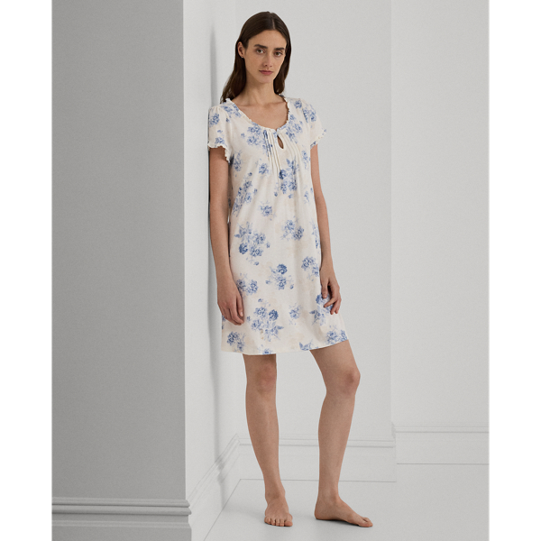 Ivory Floral Floral Cotton-Blend Jersey Nightgown Lauren 1