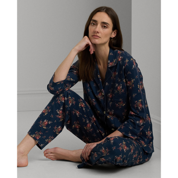 Navy Print Floral Cotton-Blend Jersey Sleep Set Lauren 1