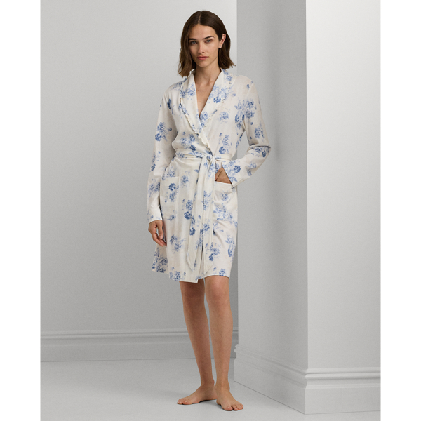 Ivory Floral Floral Jersey Shawl-Collar Robe Lauren 1