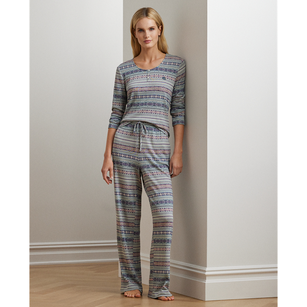 Sage Print Fair Isle Cotton-Blend Henley Pajama Set Lauren 1