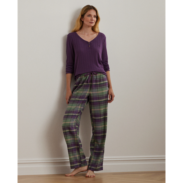 Plaid Cotton-Blend Henley Pajama Set