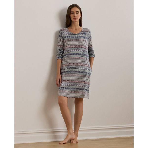 Sage Print Fair Isle Cotton-Blend Henley Sleep Tee Lauren 1