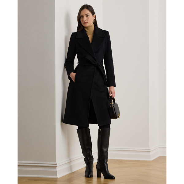 Long black belted wool coat online