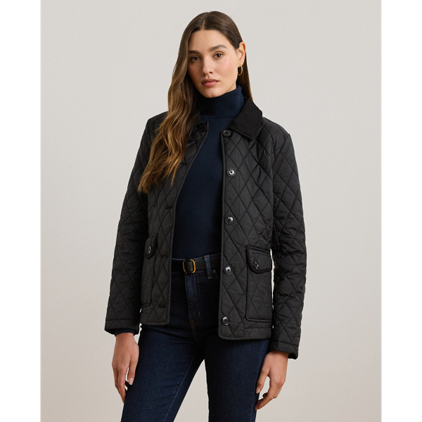 Black Corduroy-Trim Diamond-Quilted Jacket Lauren 1