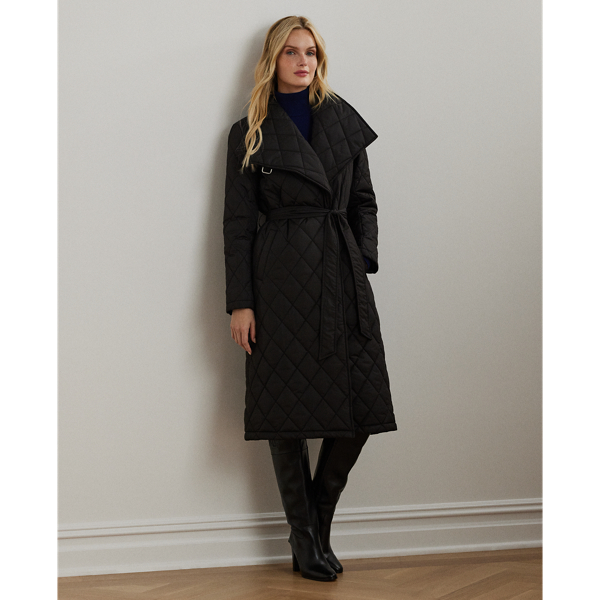 Black Buckle-Trim Diamond-Quilted Wrap Coat Lauren 1