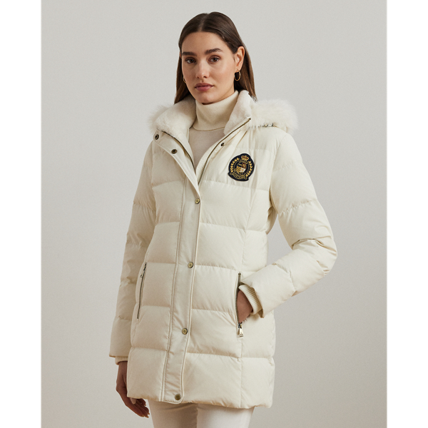 Cream Crest-Patch Hooded Down Coat Lauren 1