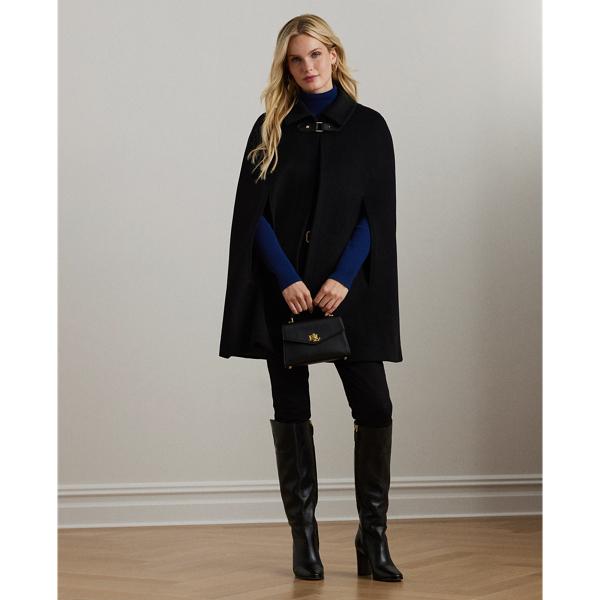 Black Buckle-Trim Wool-Blend Cape Lauren 1