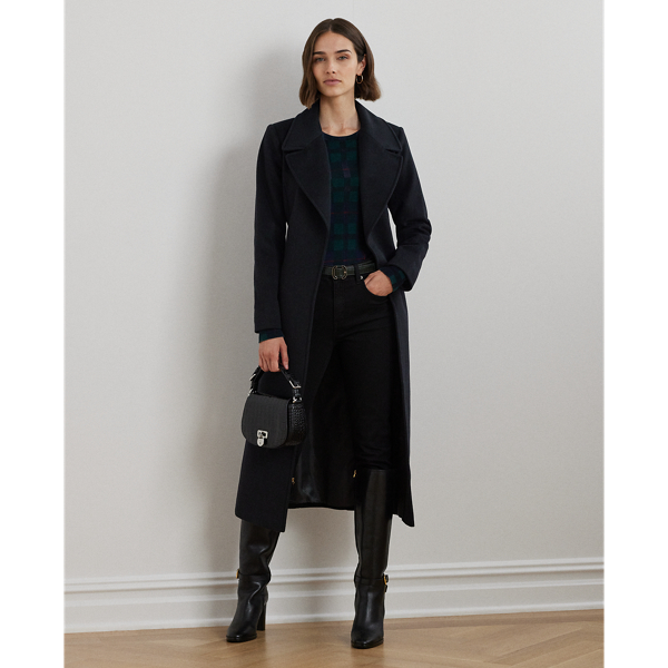 Black Wool-Blend Wrap Coat Lauren 1