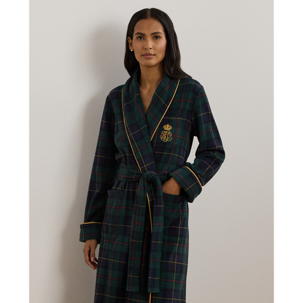 Long peignoir &agrave; col ch&acirc;le en molleton Lauren en Motif &eacute;cossais vert 4