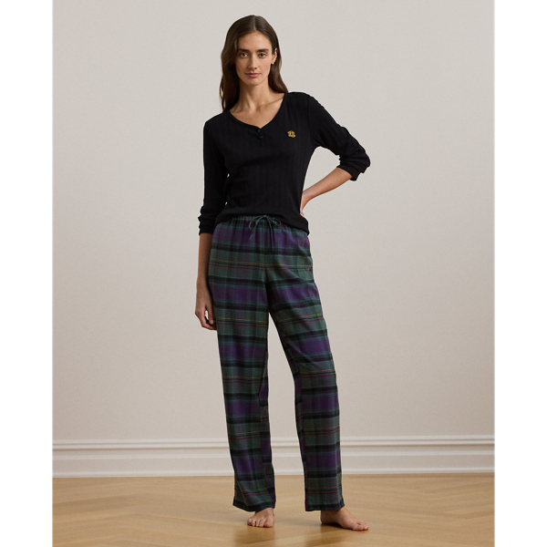 Green Plaid Karierter Henley-Pyjama mit Baumwolle Lauren 1