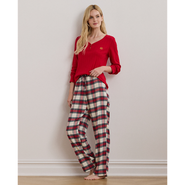 Cream Plaid Plaid Cotton-Blend Henley Pyjama Set Lauren 1