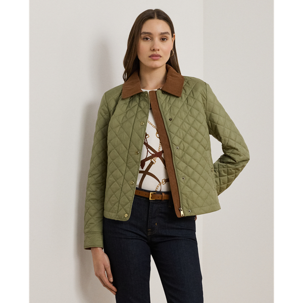 Sage Green Corduroy-Trim Diamond-Quilted Jacket Lauren 1