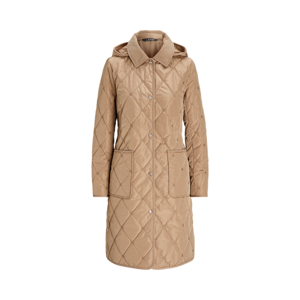 Corduroy-Trim Logo Quilted Hooded Coat for Women | Ralph