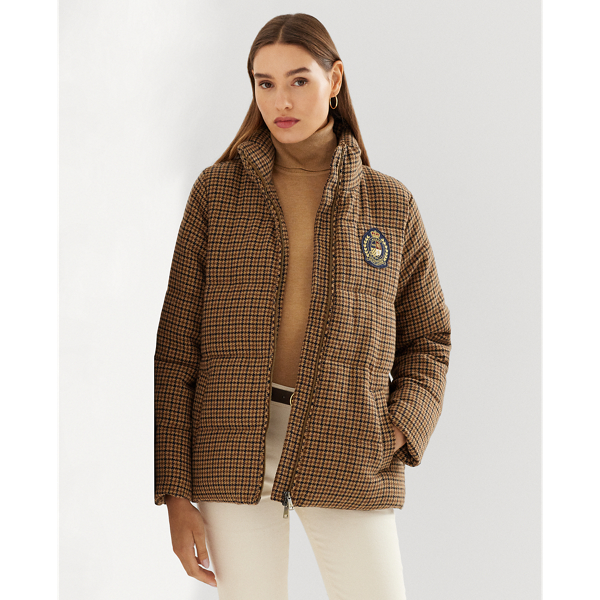 Houndstooth Crest-Patch Puffer Coat