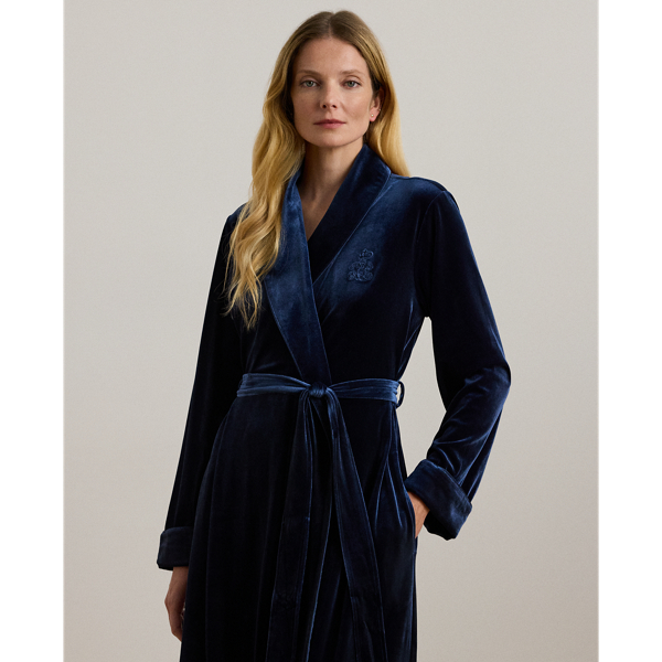 Navy Velvet Long Shawl-Collar Robe Lauren 3