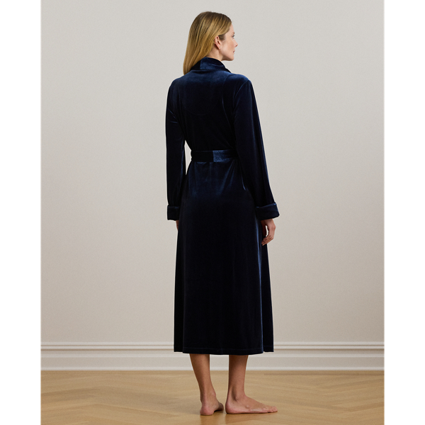 Navy Velvet Long Shawl-Collar Robe Lauren 4