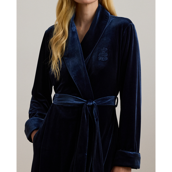 Navy Velvet Long Shawl-Collar Robe Lauren 5