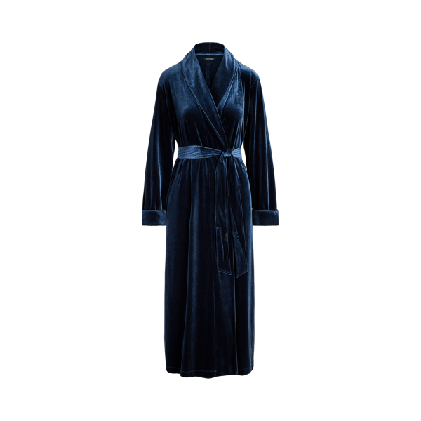 Navy Velvet Long Shawl-Collar Robe Lauren 2