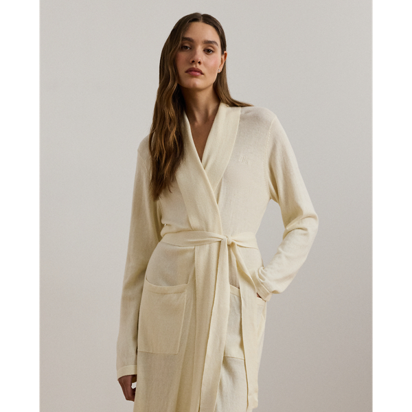 Cream Belted Cotton-Cashmere Knit Robe Lauren 4