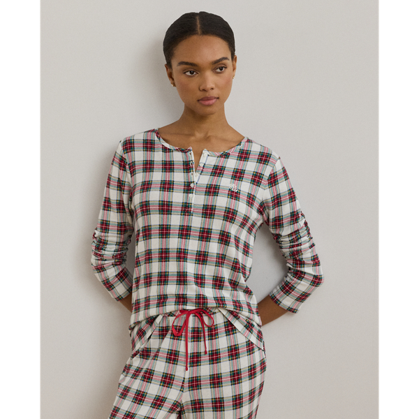 Cream Plaid Plaid Jersey Henley Jogger Pajama Set Lauren 4