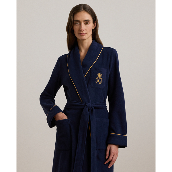 Navy Fleece Long Shawl-Collar Robe Lauren 3