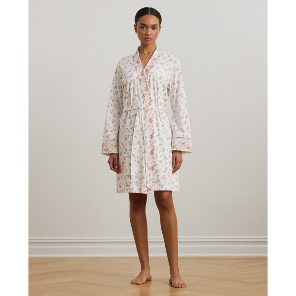 Ivory Floral Geblümter Bademantel mit Spitzenbesatz Lauren 1