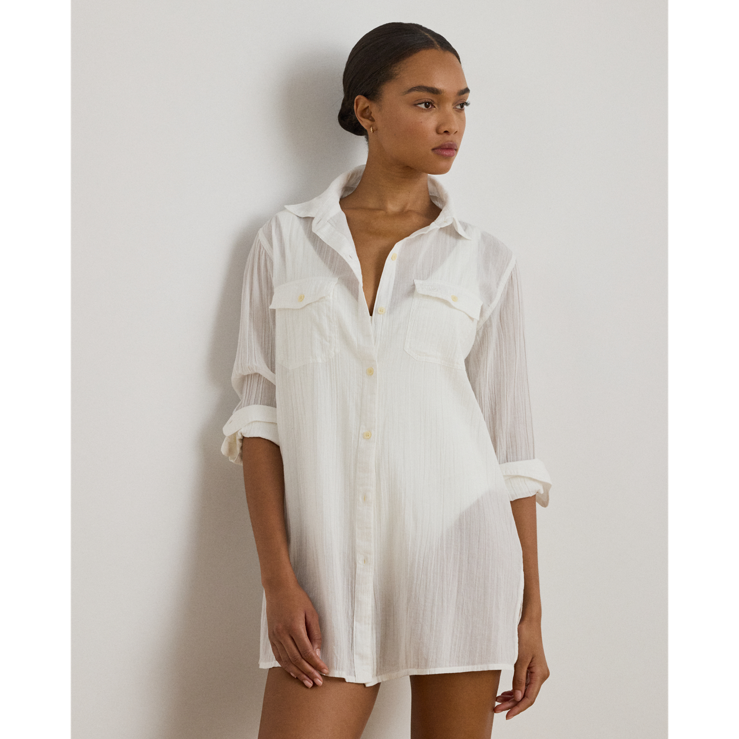 Женская рубашка Ralph Lauren Crushed Cotton Camp Shirt Cover-Up, цвет: Белый — фото 1