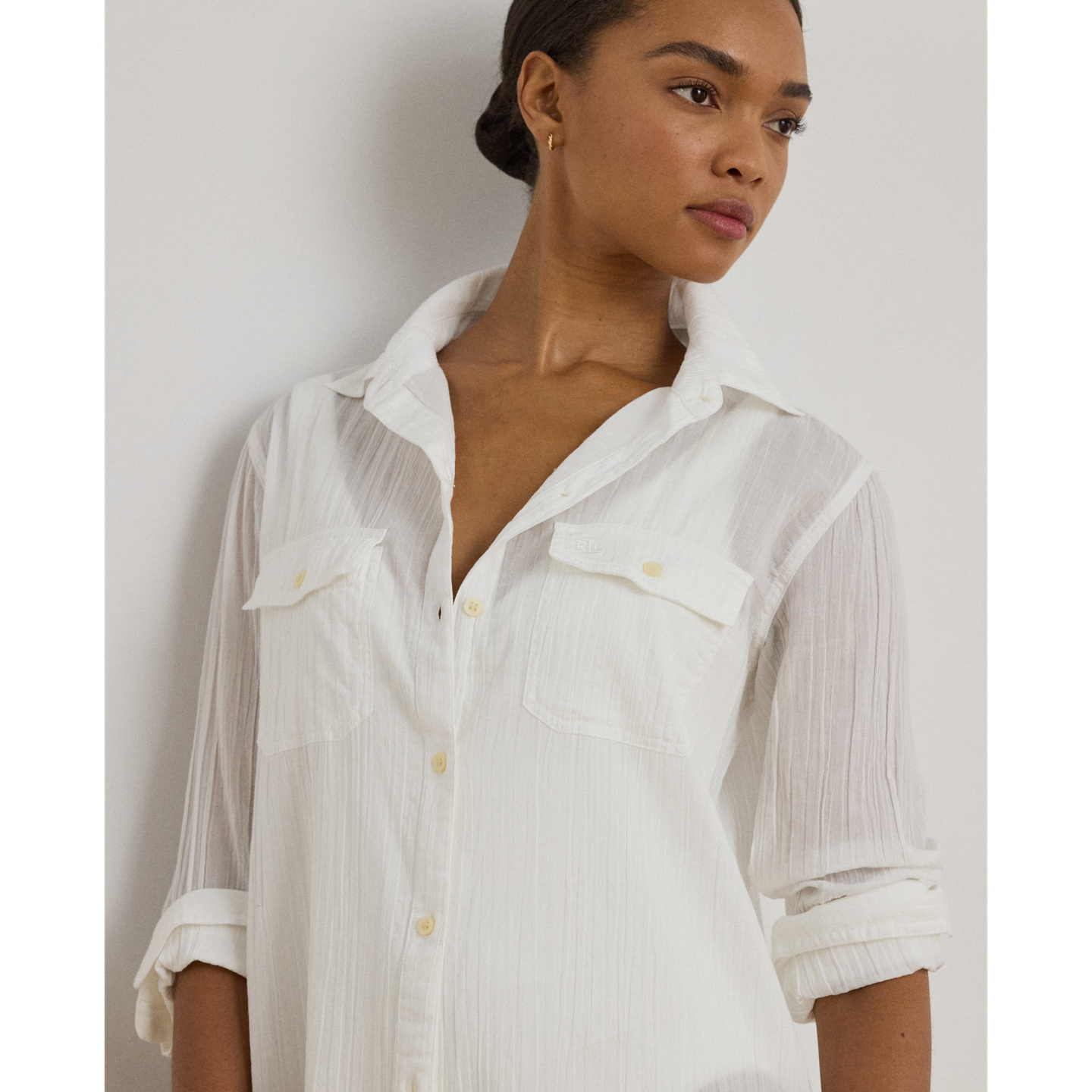 Женская рубашка Ralph Lauren Crushed Cotton Camp Shirt Cover-Up, цвет: Белый — фото 3